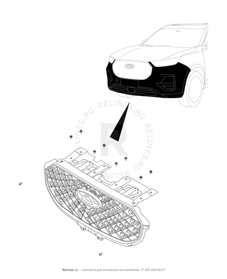 Запчасти Chery Tiggo 8 Pro Поколение I (2020)  — Эмблема и решетка радиатора в сборе (2) — схема