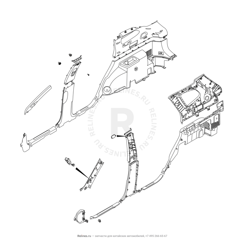 Запчасти Chery Tiggo 8 Pro Поколение I (2020)  — Обшивка стоек, накладки порогов и багажника (1) — схема