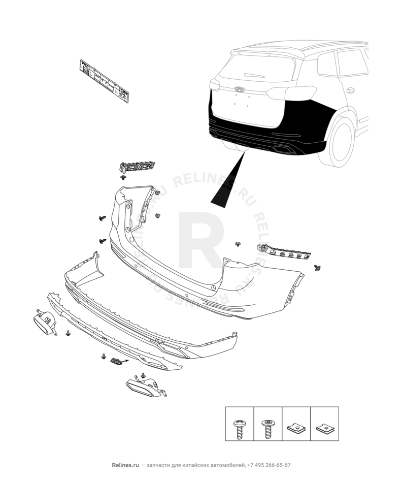 Запчасти Chery Tiggo 8 Pro Поколение I (2020)  — Задний бампер и другие детали задка (1) — схема