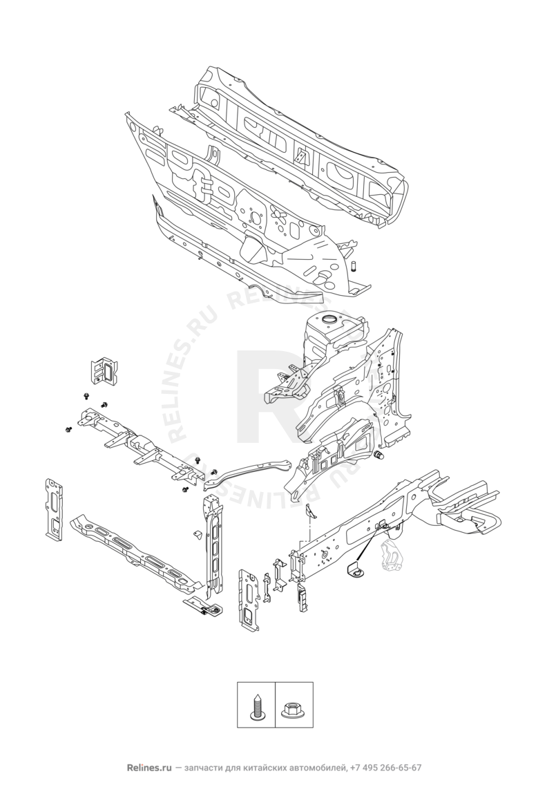 Лонжероны и перегородка моторного отсека Chery Tiggo 8 Pro — схема