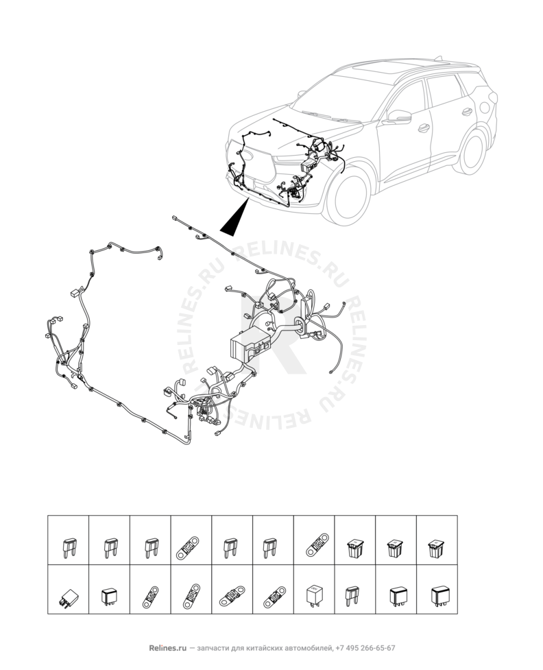 Запчасти Chery Tiggo 7 Pro Поколение I (2020)  — Проводка моторного отсека, предохранители и реле (1) — схема