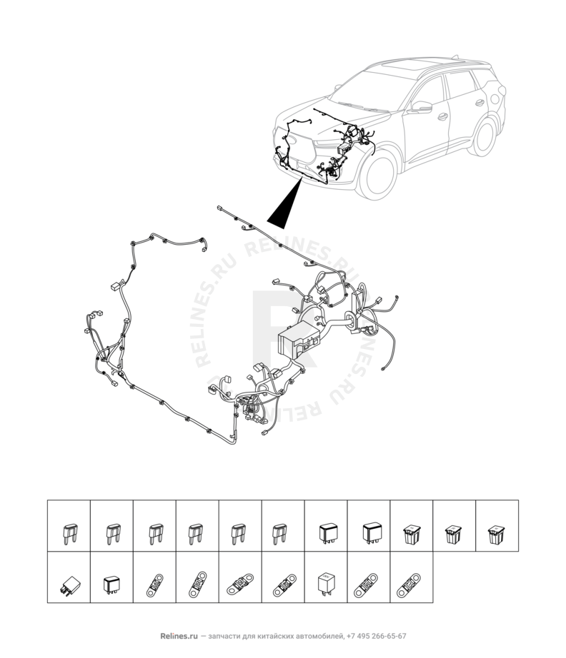 Запчасти Chery Tiggo 7 Pro Поколение I (2020)  — Проводка моторного отсека, предохранители и реле (2) — схема