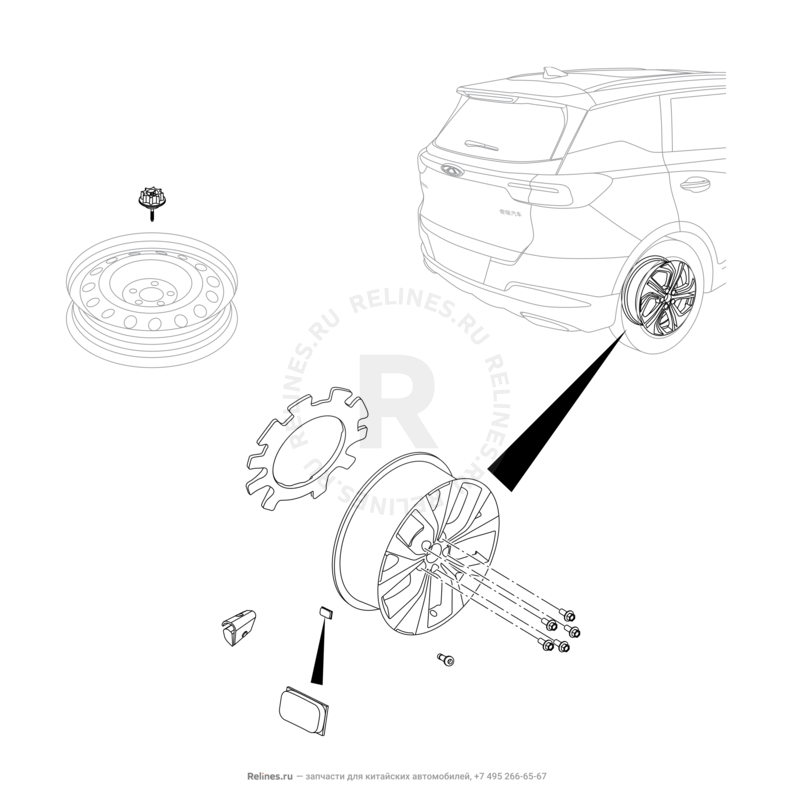 Запчасти Chery Tiggo 7 Pro Поколение I (2020)  — Крепление запасного колеса, колпаки и гайки колесные (5) — схема