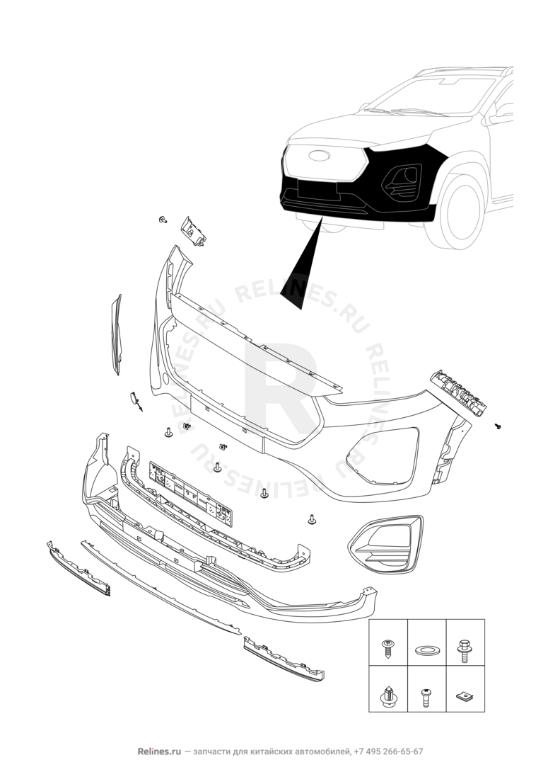 Передний бампер и другие детали фронтальной части (1) Chery Tiggo 2 Pro — схема