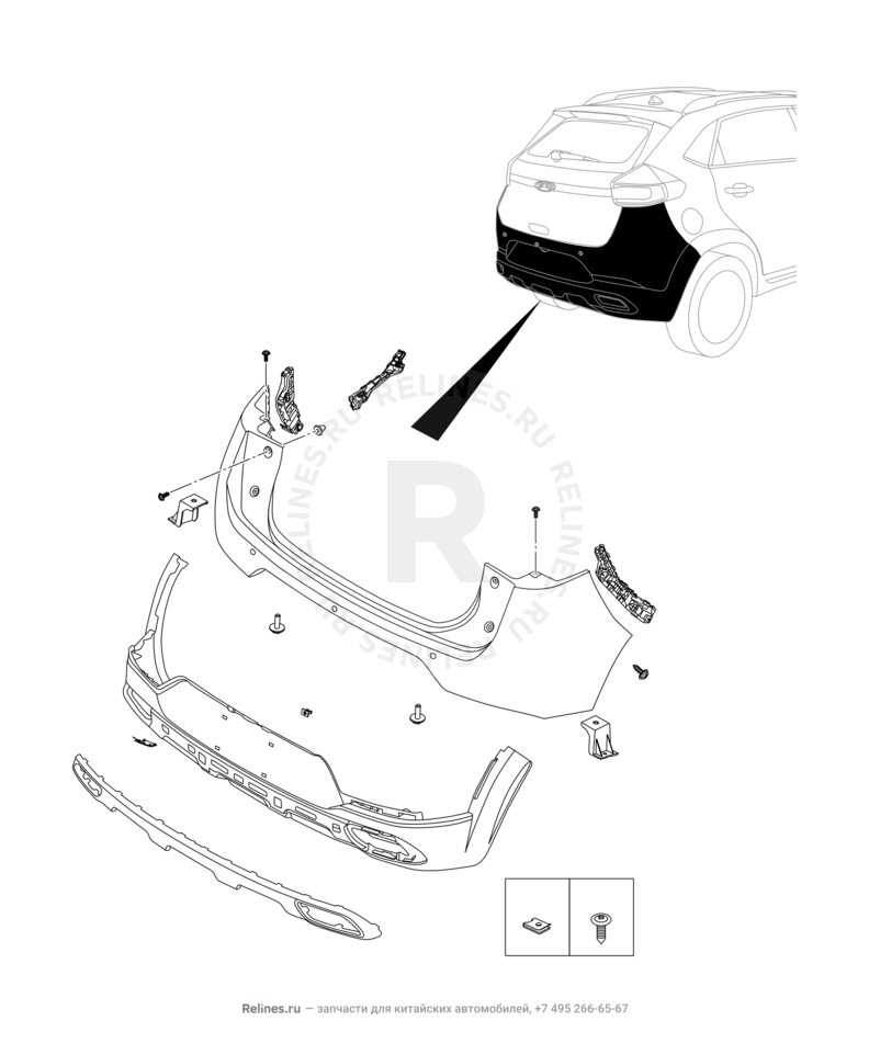 Запчасти Chery Tiggo 2 Pro Поколение I (2021)  — Задний бампер и другие детали задка (2) — схема