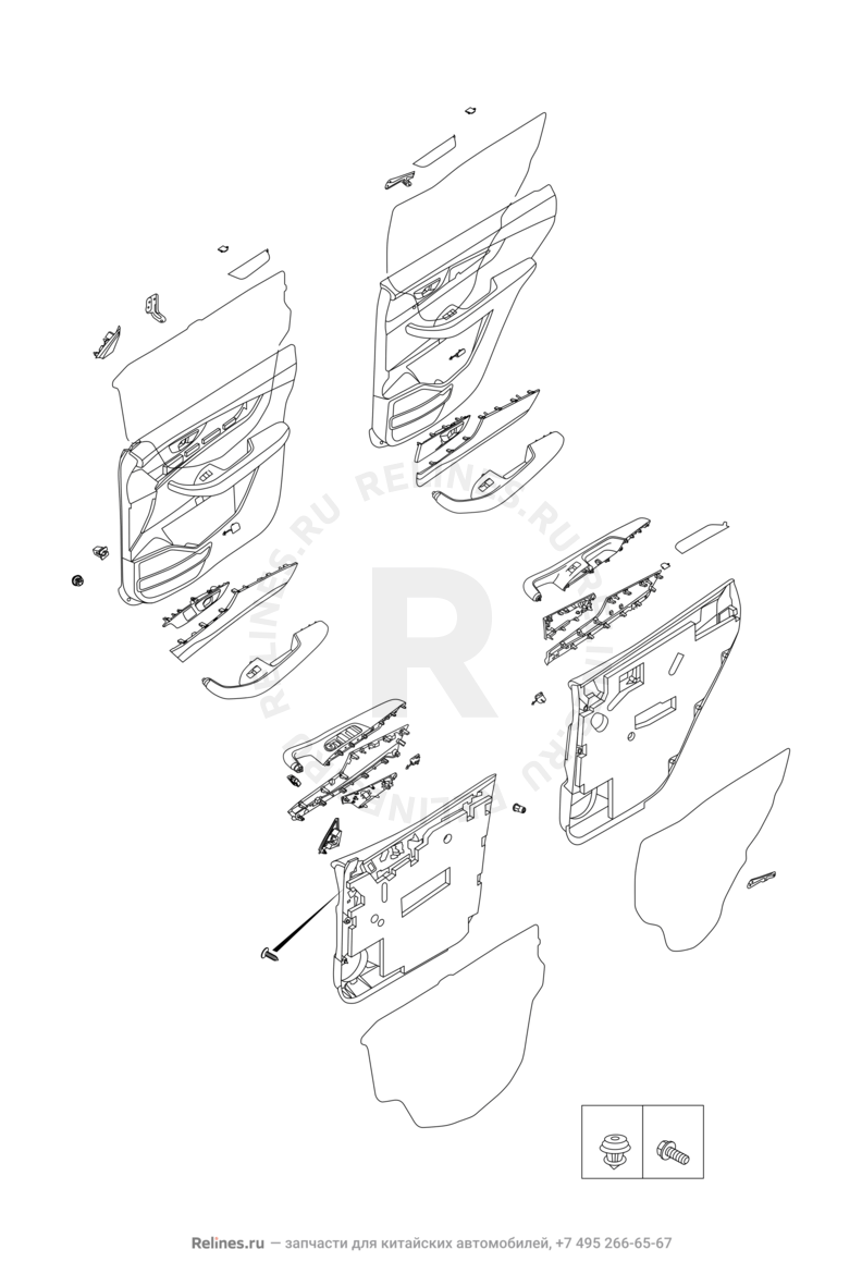 Запчасти Chery Tiggo 8 Pro Max Поколение I (2022)  — Внутренняя обшивка дверей — схема