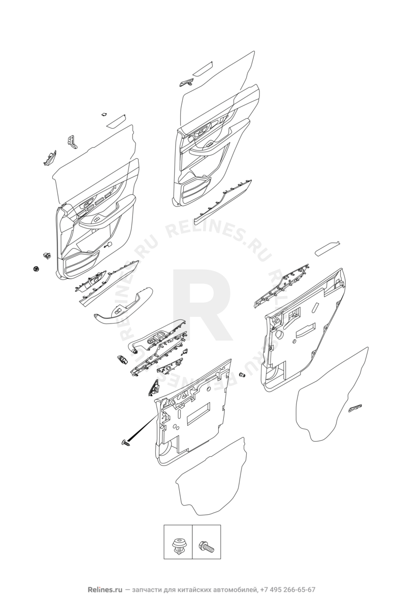 Запчасти Chery Tiggo 8 Pro Max Поколение I (2022)  — Внутренняя обшивка дверей — схема