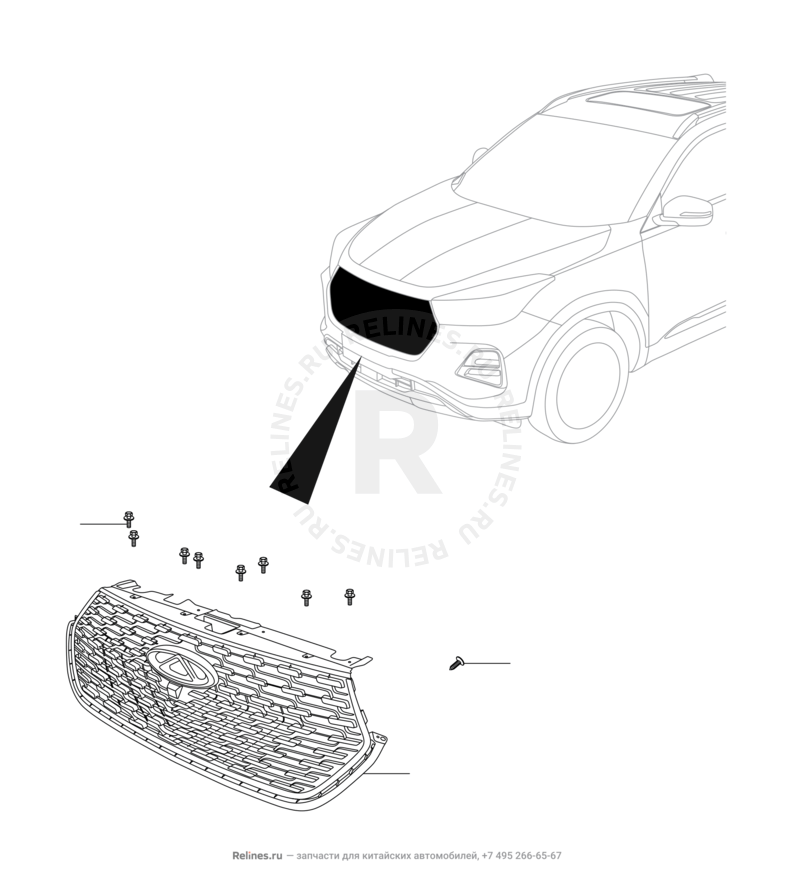 Запчасти Chery Tiggo 4 Pro Поколение I (2021)  — Эмблема и решетка радиатора в сборе (1) — схема