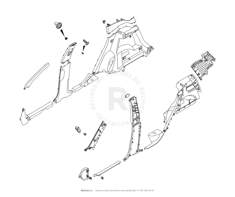Запчасти Chery Tiggo 4 Поколение I — рестайлинг (2018)  — Обшивка стоек, накладки порогов и багажника (1) — схема