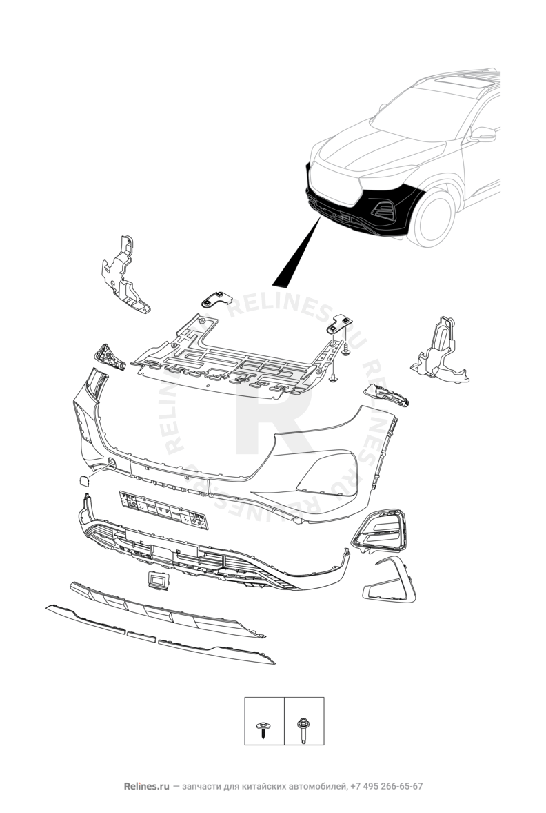 Запчасти Chery Tiggo 4 Pro Поколение I (2021)  — Передний бампер и другие детали фронтальной части (2) — схема