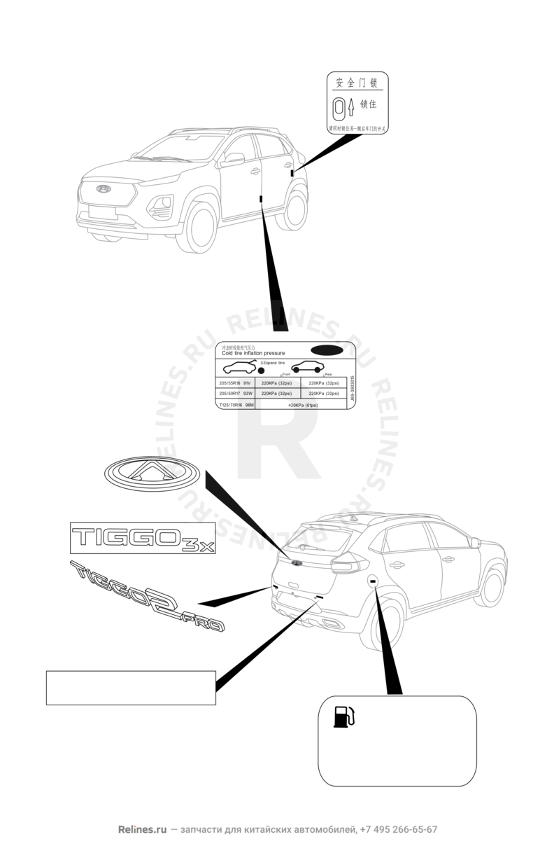 Запчасти Chery Tiggo 2 Pro Поколение I (2021)  — Эмблемы (3) — схема