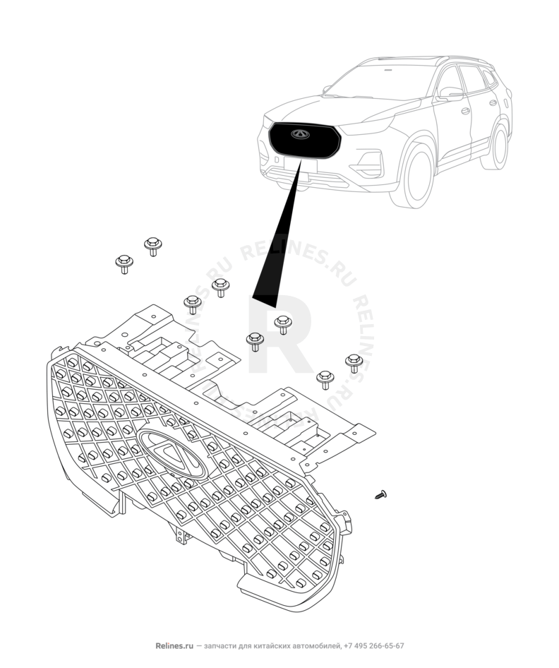 Запчасти Chery Tiggo 8 Pro Max Поколение I (2022)  — Эмблема и решетка радиатора в сборе (3) — схема