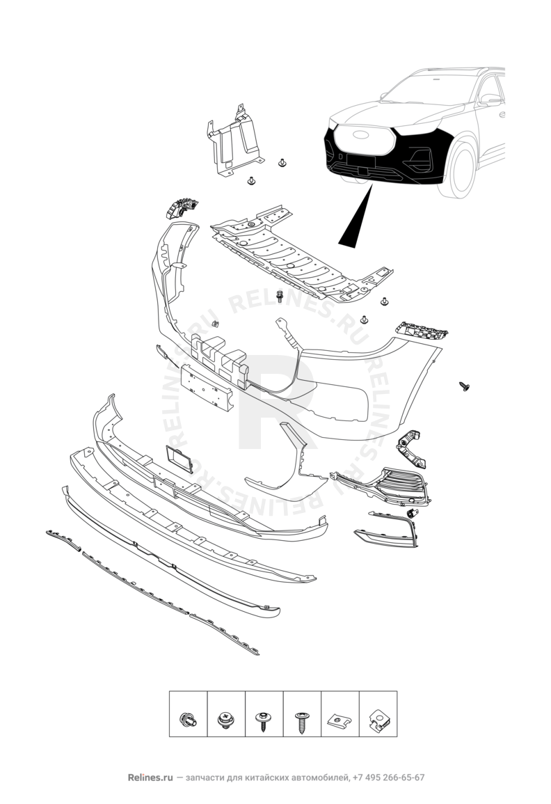 Запчасти Chery Tiggo 8 Pro Max Поколение I (2022)  — Передний бампер и другие детали фронтальной части (7) — схема