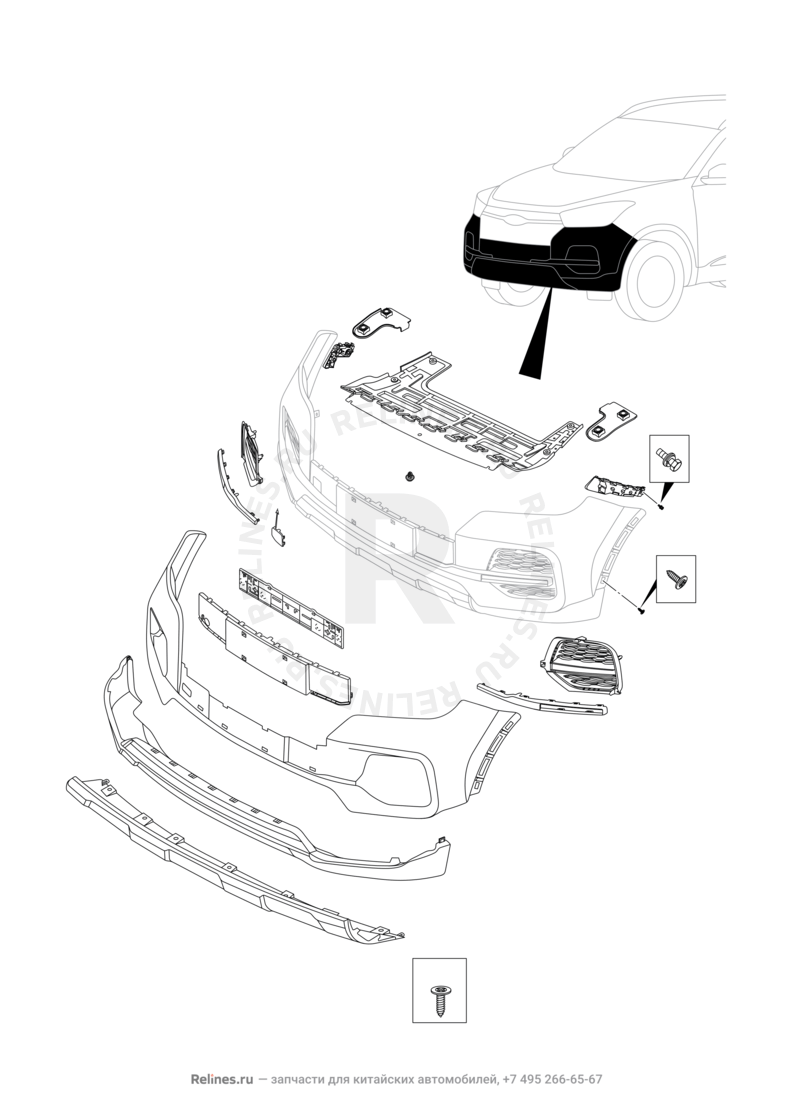Запчасти Chery Tiggo 4 Поколение I — рестайлинг (2018)  — Передний бампер и другие детали фронтальной части (5) — схема