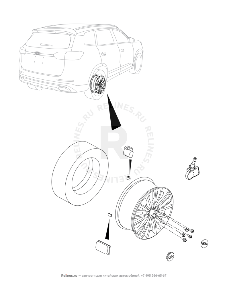 Запчасти Chery Tiggo 8 Pro Max Поколение I (2022)  — Крепление запасного колеса, колпаки и гайки колесные (3) — схема