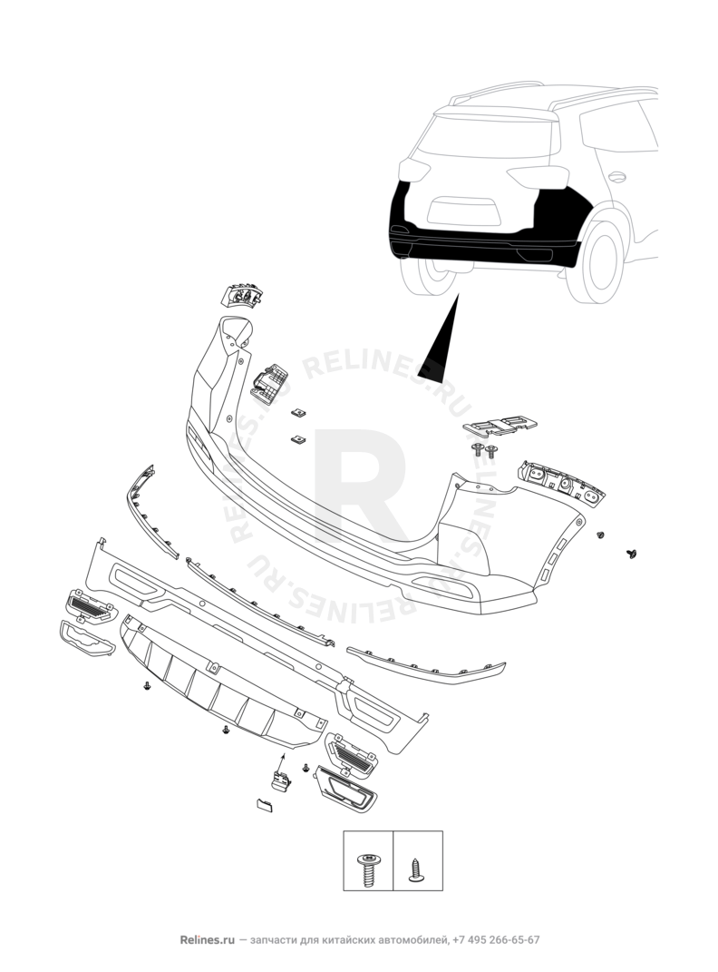 Запчасти Chery Tiggo 4 Pro Поколение I (2021)  — Задний бампер и другие детали задка — схема