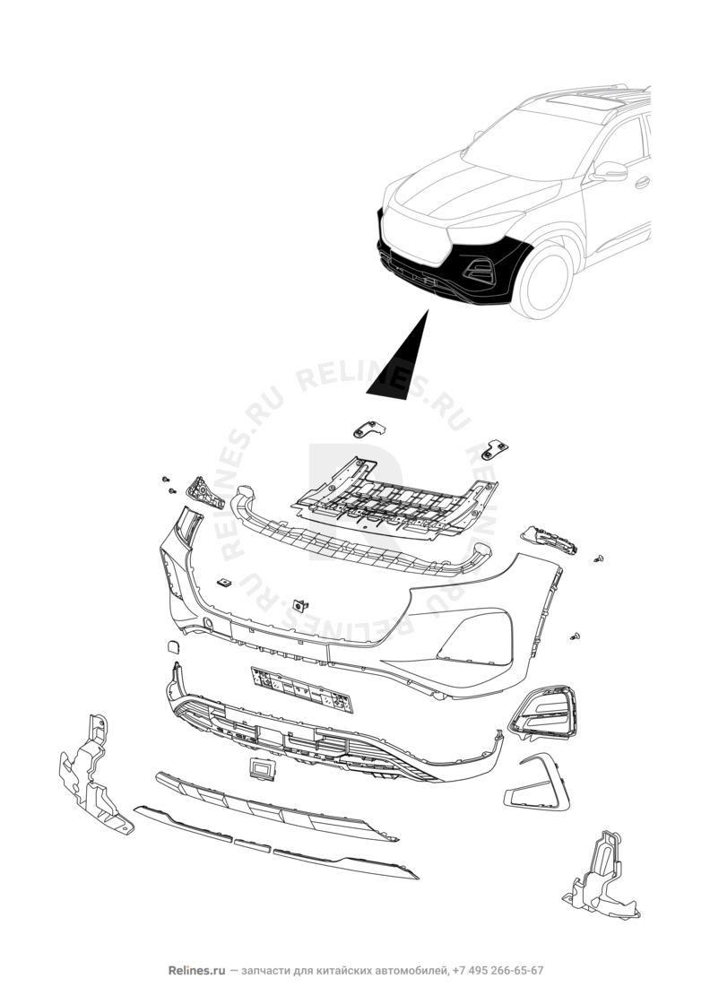 Запчасти Chery Tiggo 4 Поколение I — рестайлинг (2018)  — Передний бампер и другие детали фронтальной части (1) — схема
