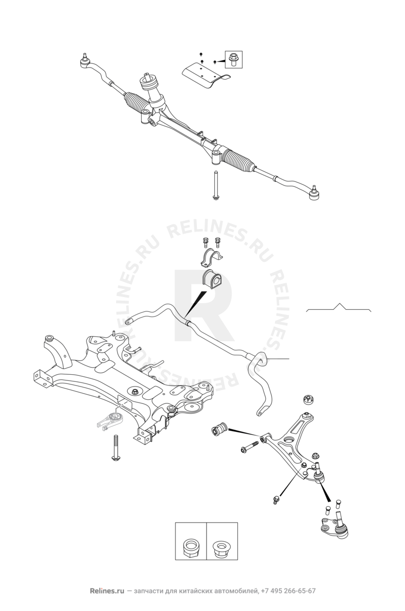 Запчасти Chery Tiggo 8 Поколение I (2018)  — Подрамник и рулевая рейка — схема