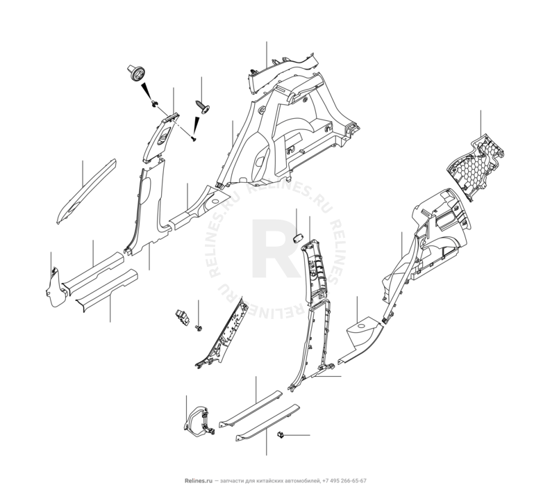 Запчасти Chery Tiggo 4 Pro Поколение I (2021)  — Обшивка стоек, накладки порогов и багажника (2) — схема