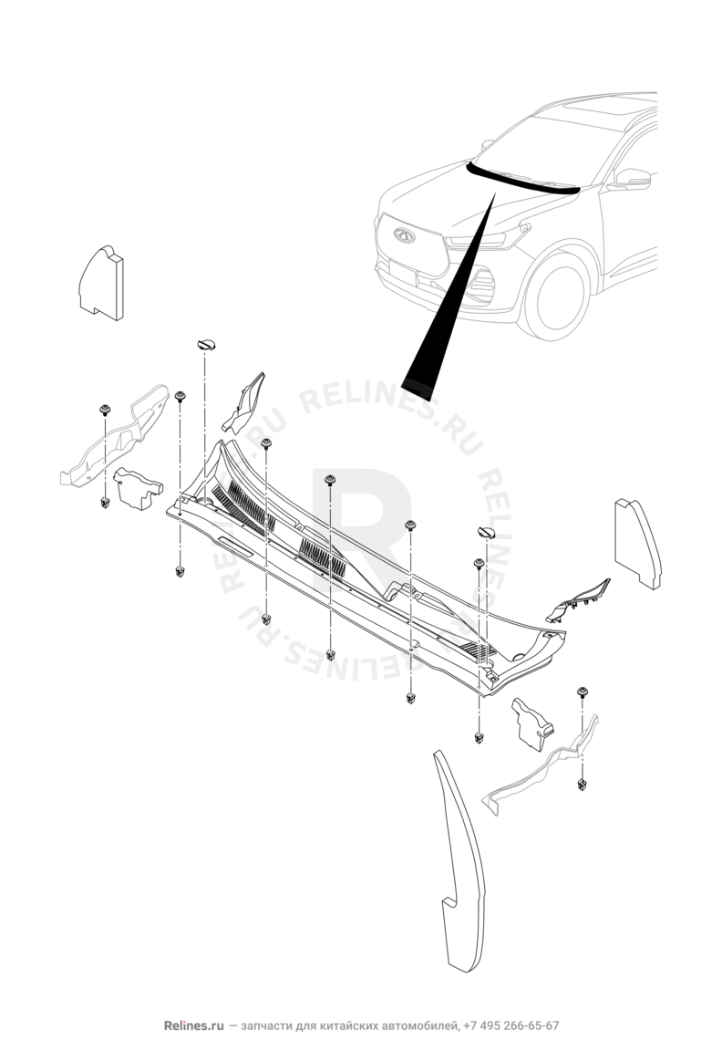 Запчасти Chery Tiggo 7 Pro Max Поколение I (2022)  — Панель лобового стекла (жабо) — схема