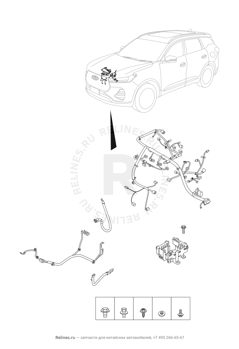 Запчасти Chery Tiggo 7 Pro Поколение I (2020)  — Проводка моторного отсека, блок предохранителей, предохранители и реле — схема