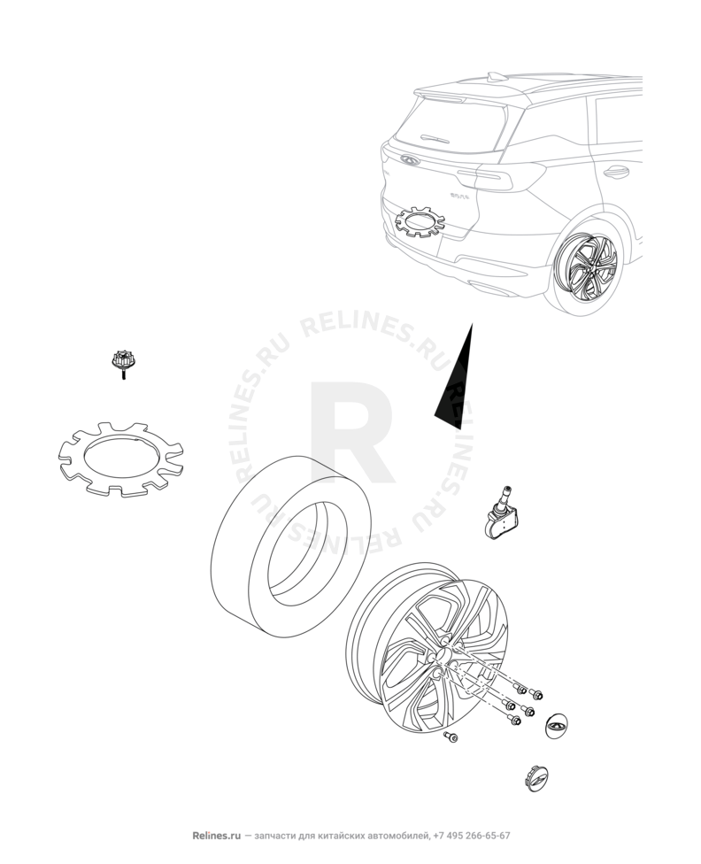 Запчасти Chery Tiggo 7 Pro Поколение I (2020)  — Крепление запасного колеса, колпаки и гайки колесные (6) — схема