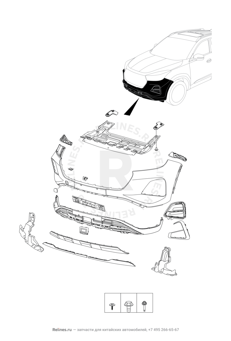 Запчасти Chery Tiggo 4 Поколение I — рестайлинг (2018)  — Передний бампер и другие детали фронтальной части (2) — схема