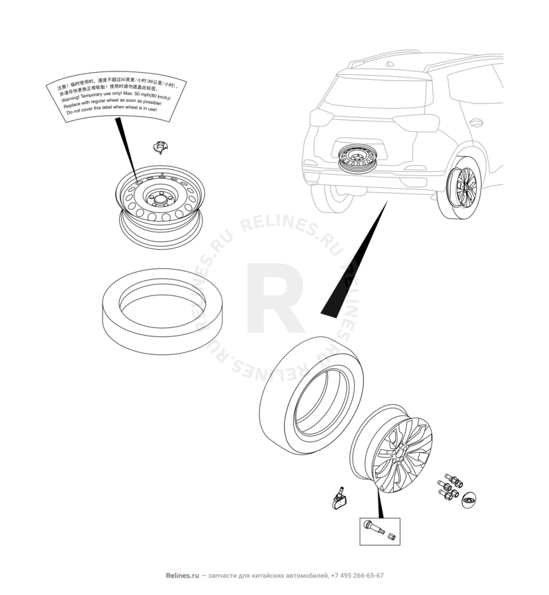 Запчасти Chery Tiggo 4 Pro Поколение I (2021)  — Крепление запасного колеса, колпаки и гайки колесные (2) — схема
