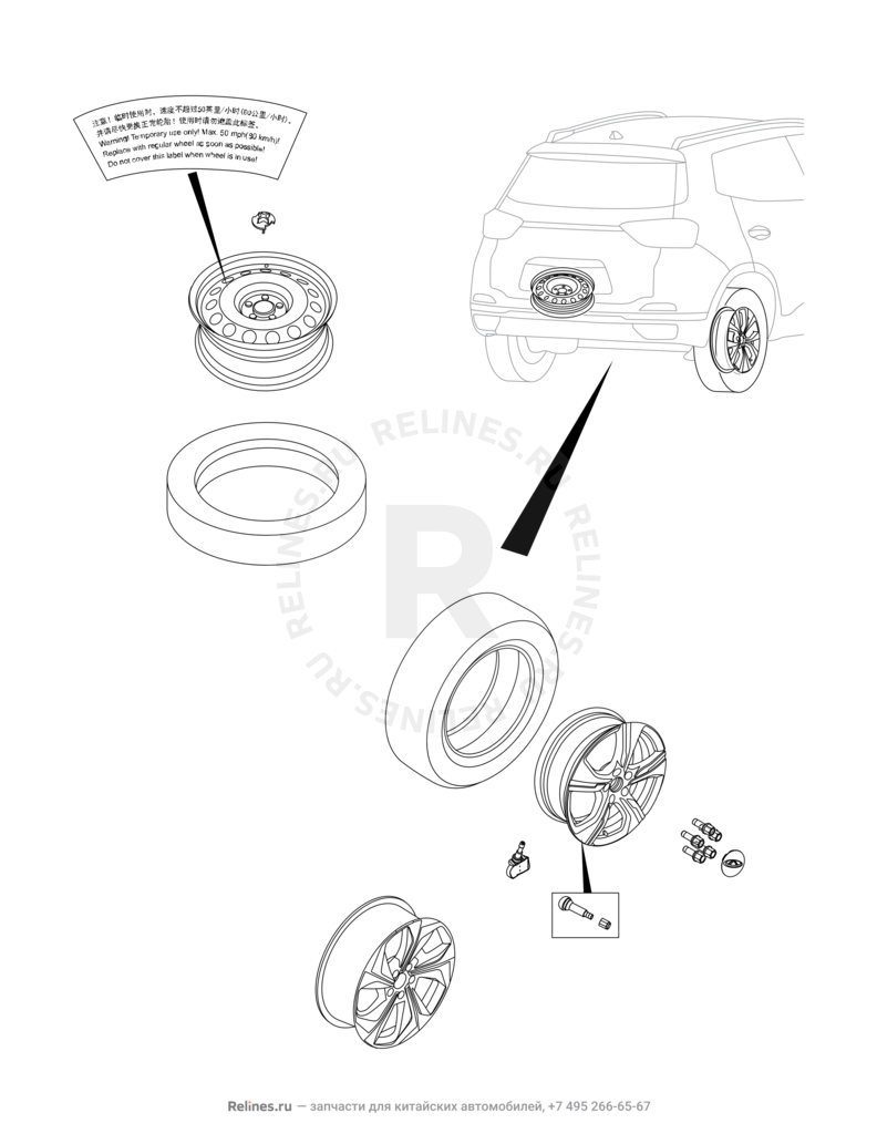 Запчасти Chery Tiggo 4 Pro Поколение I (2021)  — Крепление запасного колеса, колпаки и гайки колесные (3) — схема