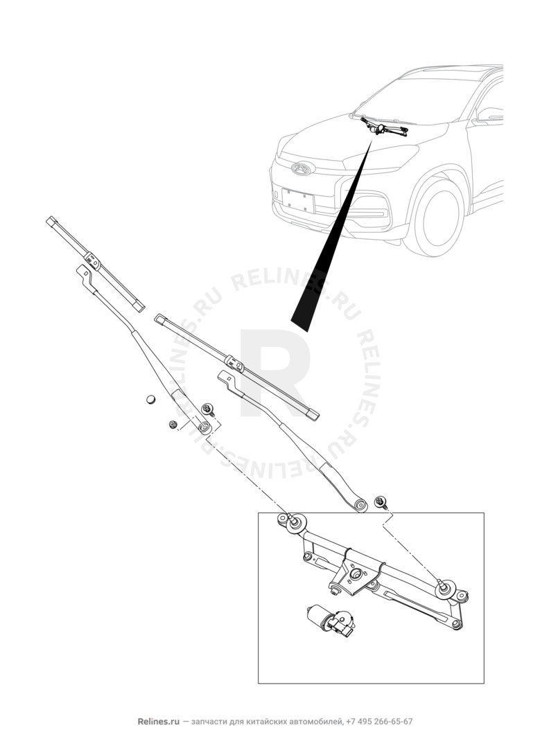 Запчасти Chery Tiggo 8 Поколение I (2018)  — Стеклоочистители и их составляющие (щетки, мотор и поводок) (2) — схема