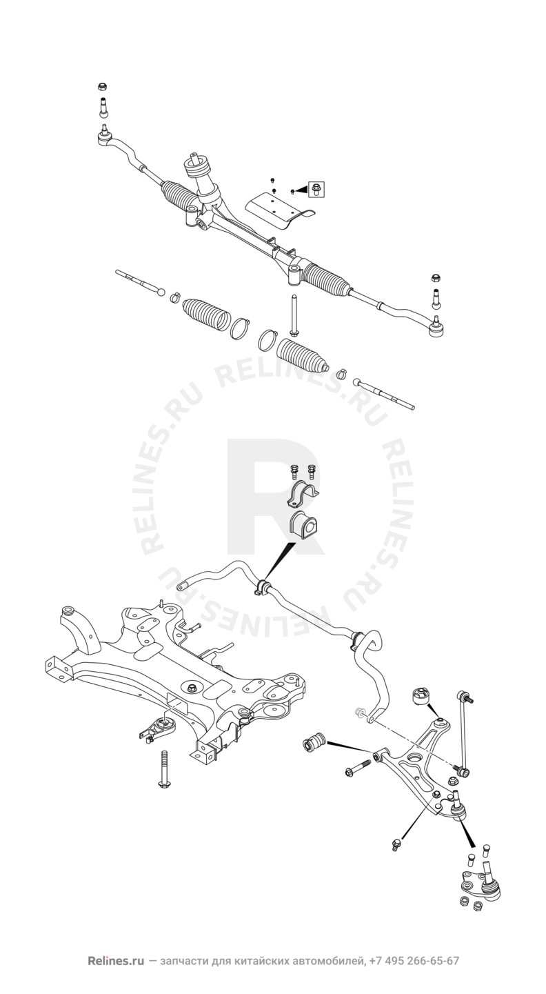Подрамник и рулевая рейка Chery Tiggo 8 — схема