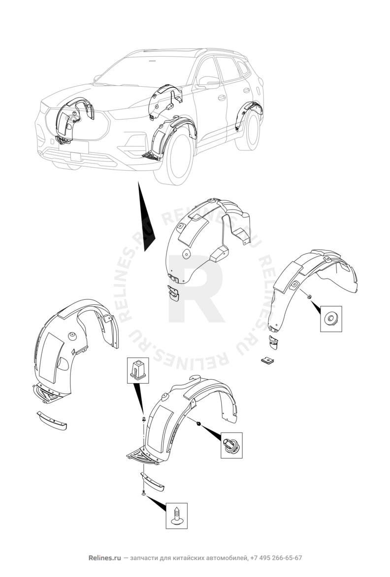 Запчасти Chery Tiggo 8 Поколение I (2018)  — Подкрылки и брызговики — схема