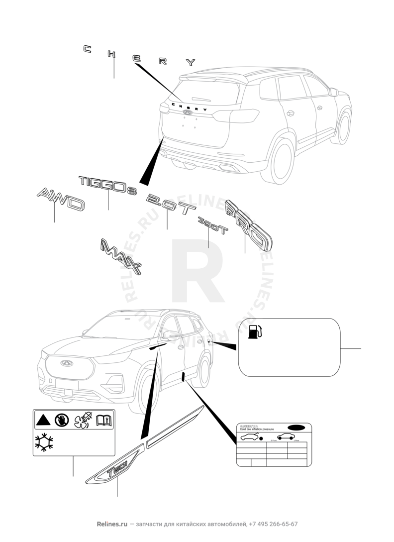 Запчасти Chery Tiggo 8 Pro Max Поколение I (2022)  — Эмблемы (4) — схема