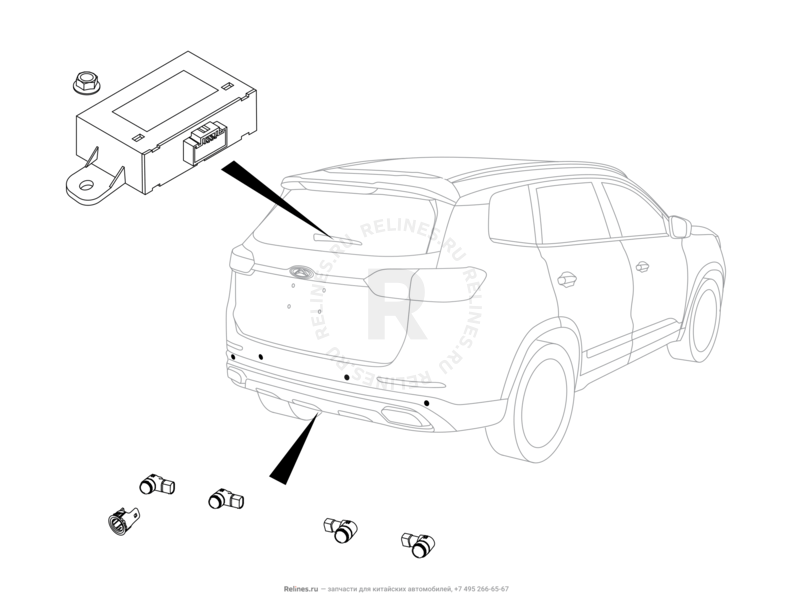 Запчасти Chery Tiggo 8 Pro Max Поколение I (2022)  — Датчики парковки (парктроники) (5) — схема