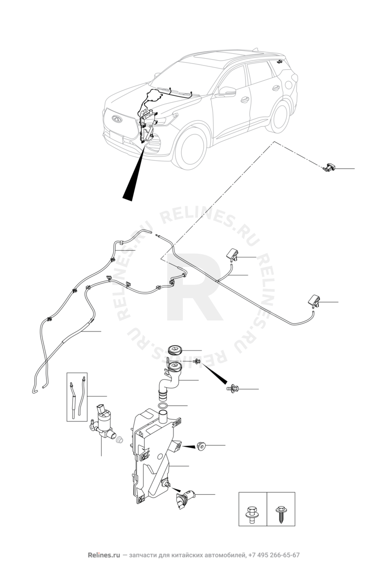 Запчасти Chery Tiggo 7 Pro Поколение I (2020)  — Омыватели лобового стекла (4) — схема