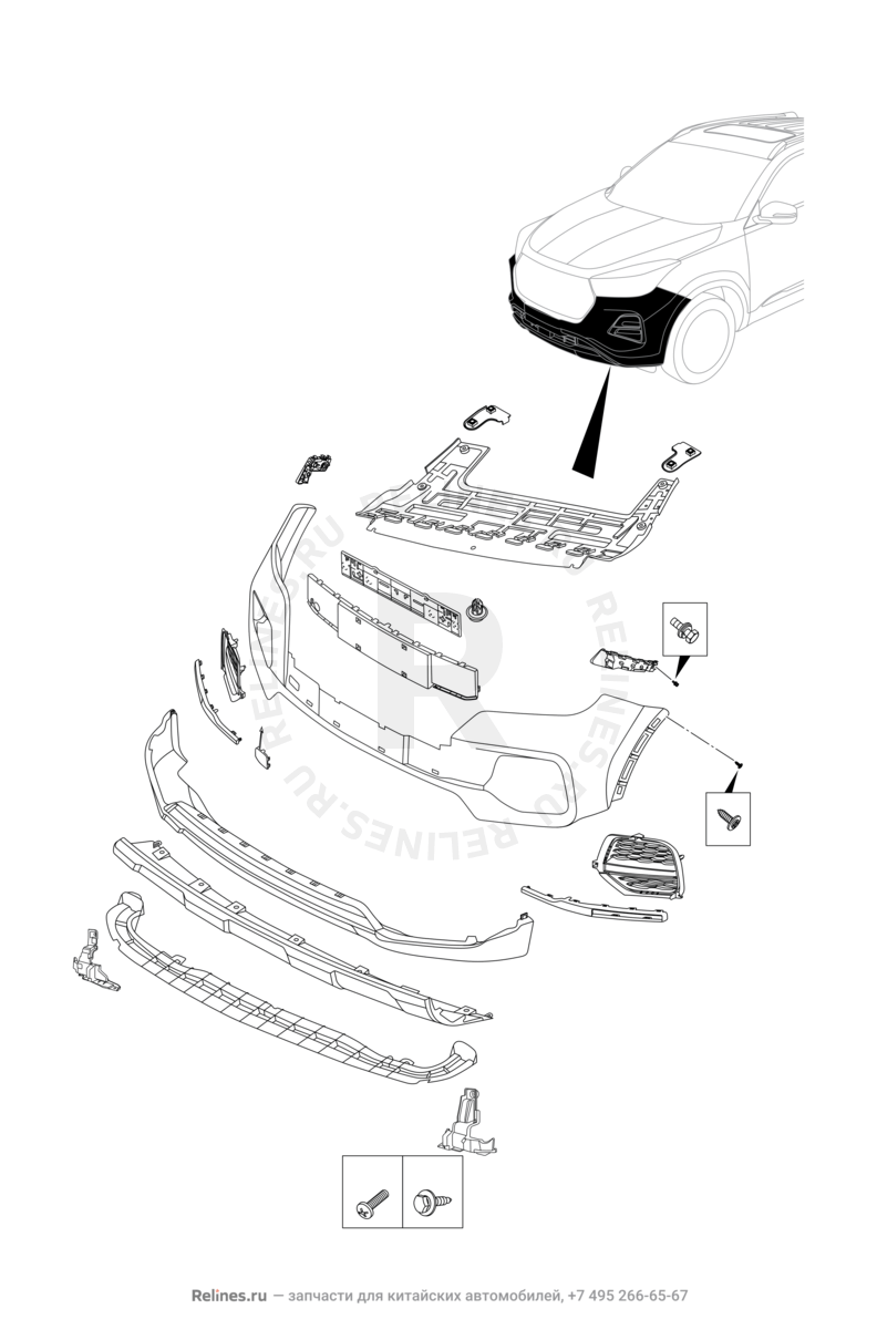Запчасти Chery Tiggo 4 Поколение I — рестайлинг (2018)  — Передний бампер и другие детали фронтальной части (6) — схема