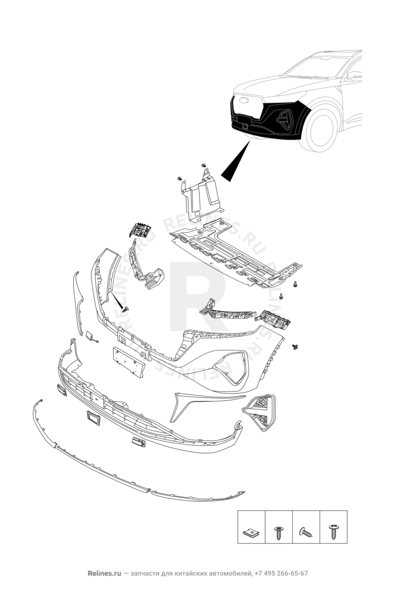 Запчасти Chery Tiggo 7 Pro Поколение I (2020)  — Передний бампер — схема