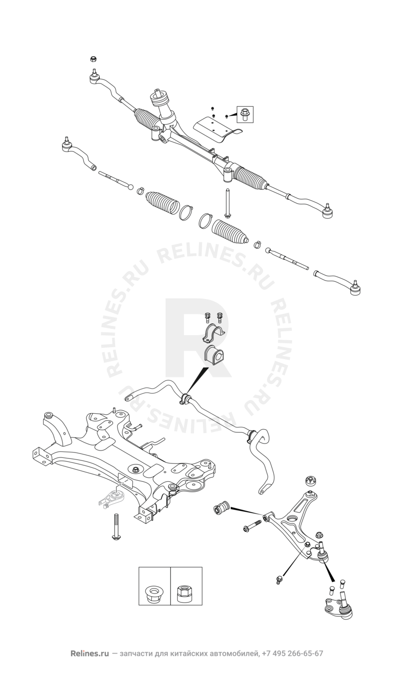 Запчасти Chery Tiggo 8 Поколение I (2018)  — Подрамник и рулевая рейка — схема