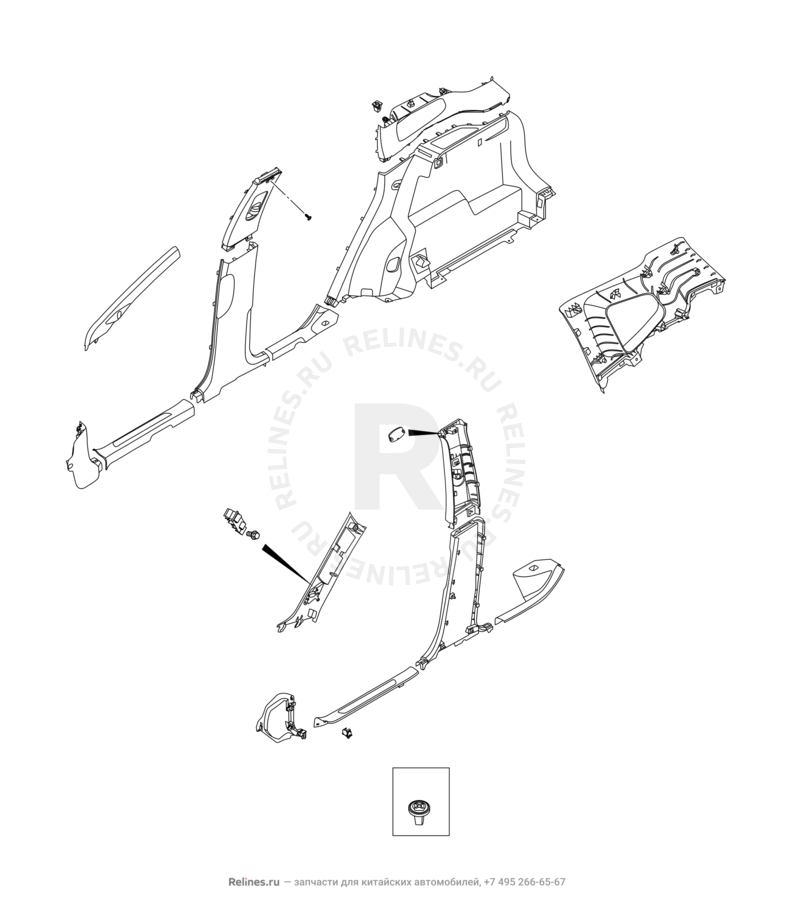 Запчасти Chery Tiggo 7 Pro Max Поколение I (2022)  — Обшивка стоек, накладки порогов и багажника (1) — схема