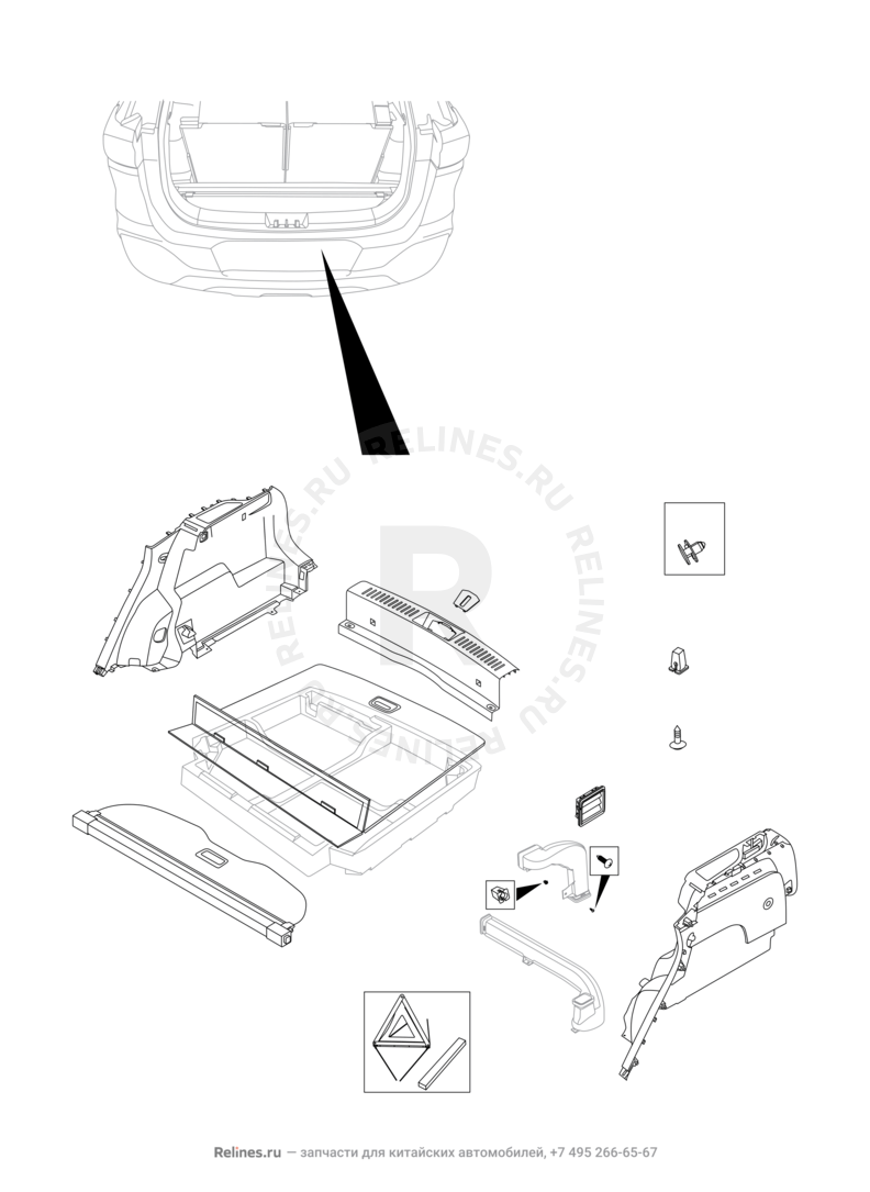 Запчасти Chery Tiggo 7 Pro Max Поколение I (2022)  — Обшивка багажного отсека (багажника) (2) — схема