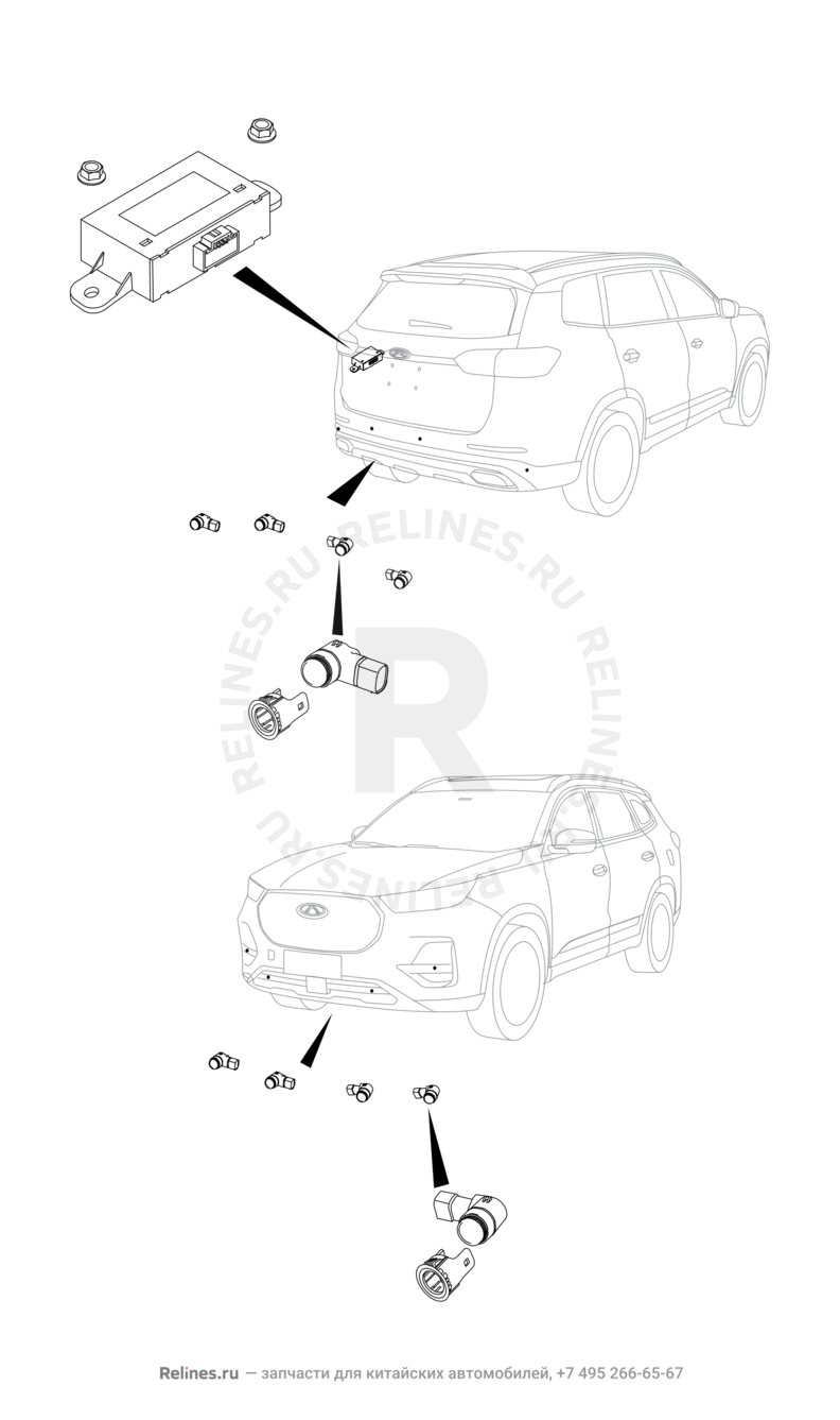 Запчасти Chery Tiggo 8 Pro Max Поколение I (2022)  — Датчики парковки (парктроники) (7) — схема
