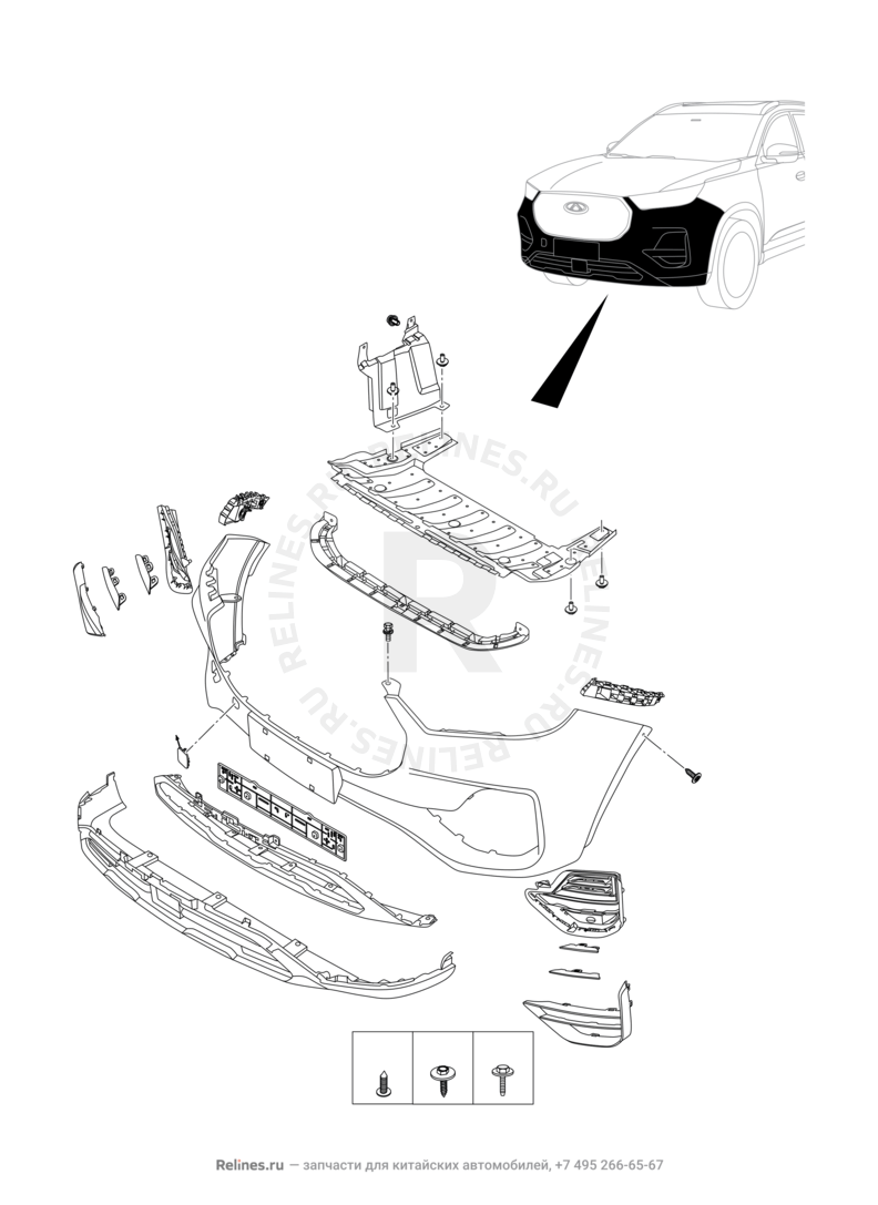 Запчасти Chery Tiggo 8 Pro Max Поколение I (2022)  — Передний бампер и другие детали фронтальной части (6) — схема
