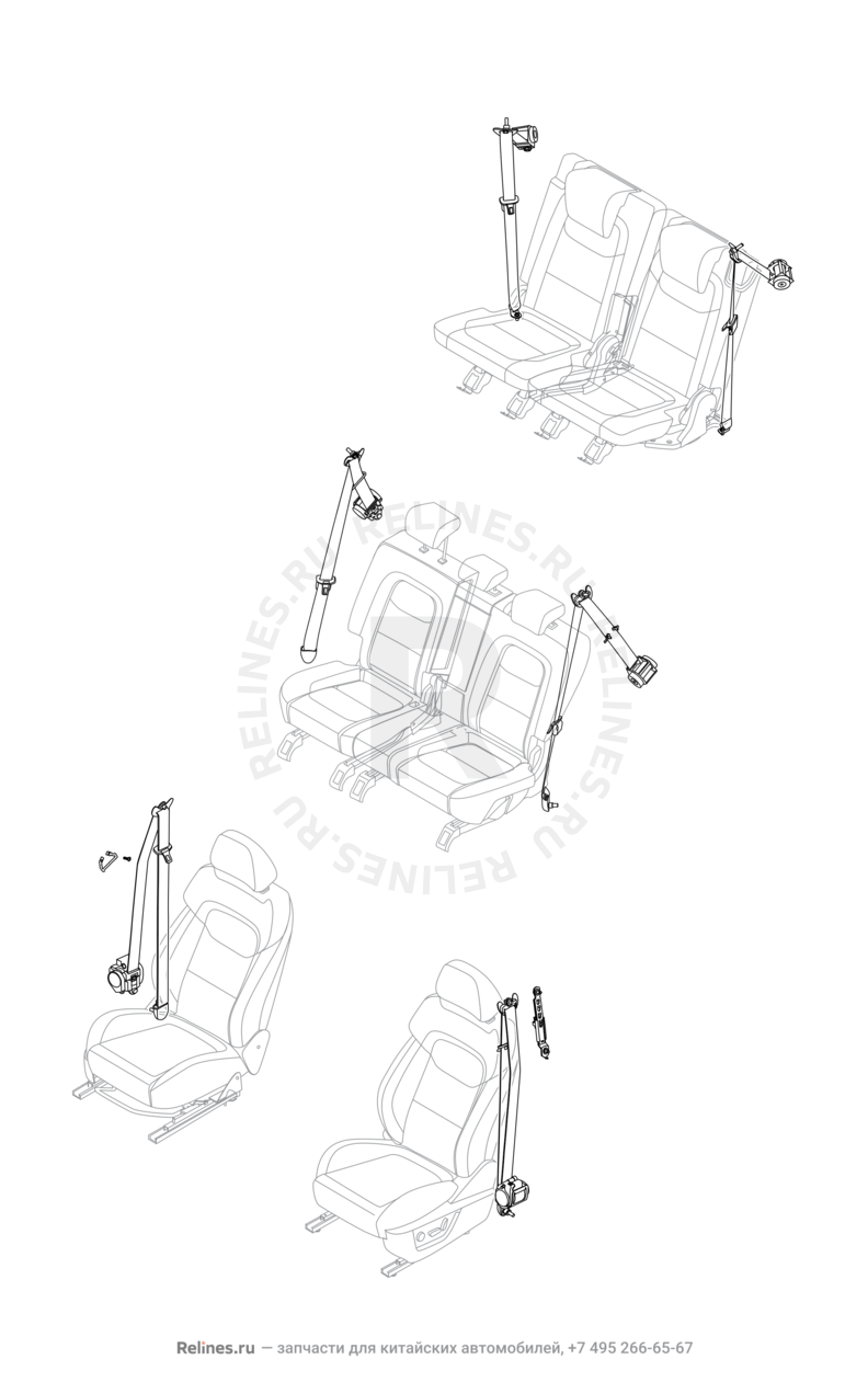 Запчасти Chery Tiggo 8 Pro Max Поколение I (2022)  — Ремни безопасности (4) — схема
