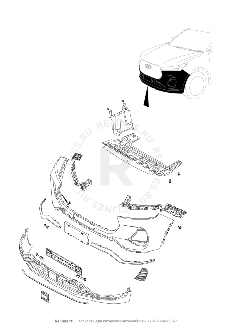 Передний бампер и другие детали фронтальной части Chery Tiggo 7 Pro — схема