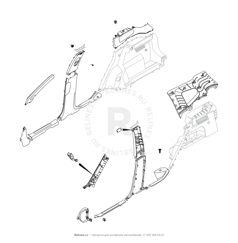 Запчасти Chery Tiggo 7 Pro Поколение I (2020)  — Обшивка стоек, накладки порогов и багажника (1) — схема
