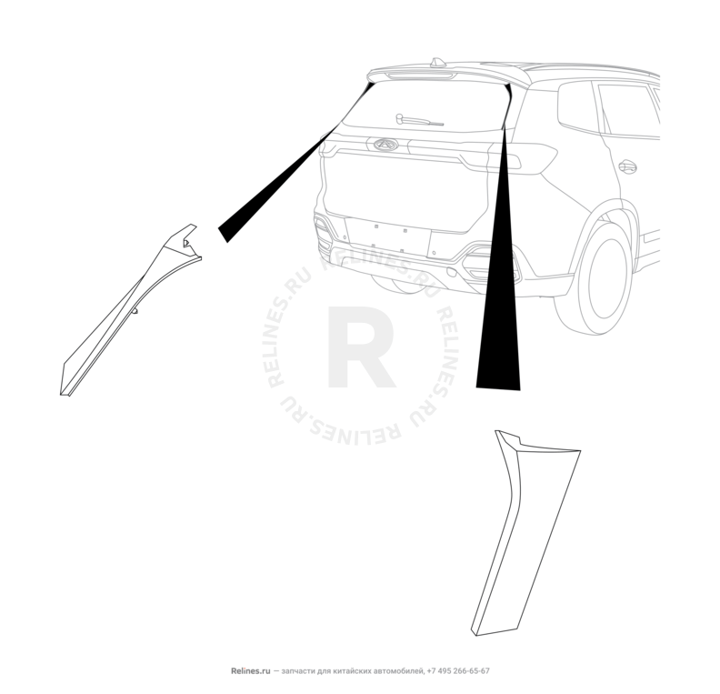 Запчасти Chery Tiggo 8 Поколение I (2018)  — Накладки стоек багажника (2) — схема