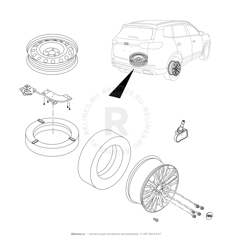 Запчасти Chery Tiggo 8 Pro Max Поколение I (2022)  — Крепление запасного колеса, колпаки и гайки колесные (5) — схема