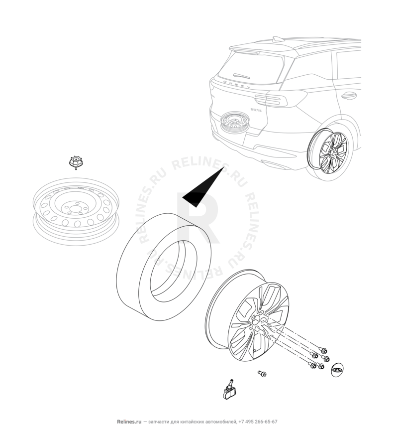 Запчасти Chery Tiggo 7 Pro Max Поколение I (2022)  — Крепление запасного колеса, колпаки и гайки колесные (2) — схема