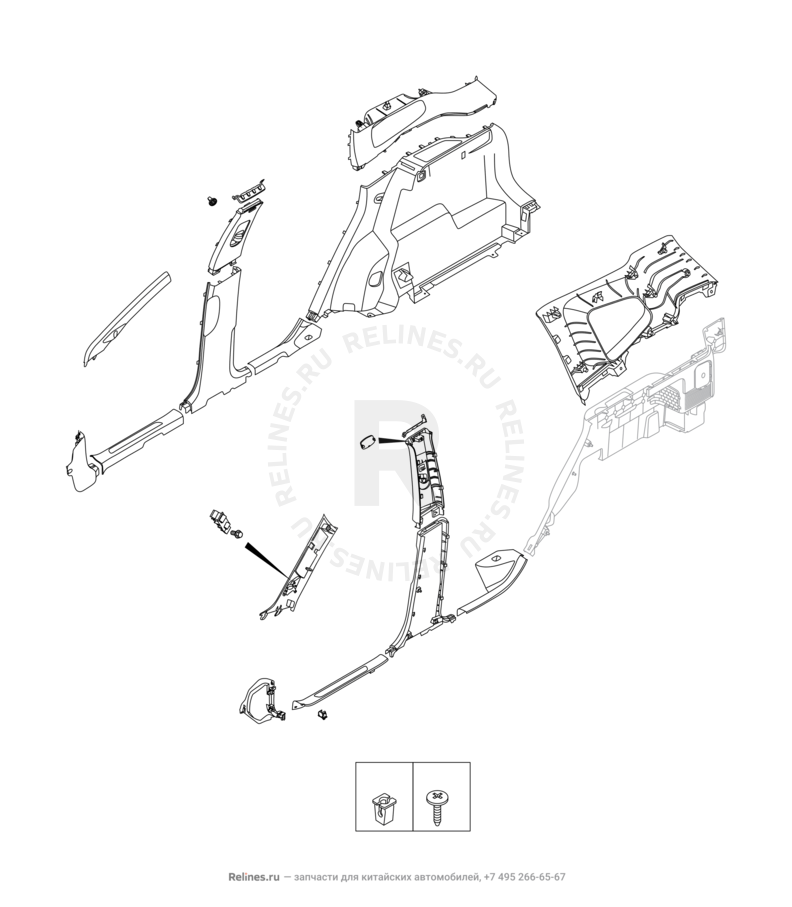 Запчасти Chery Tiggo 7 Pro Max Поколение I (2022)  — Обшивка стоек, накладки порогов и багажника (4) — схема