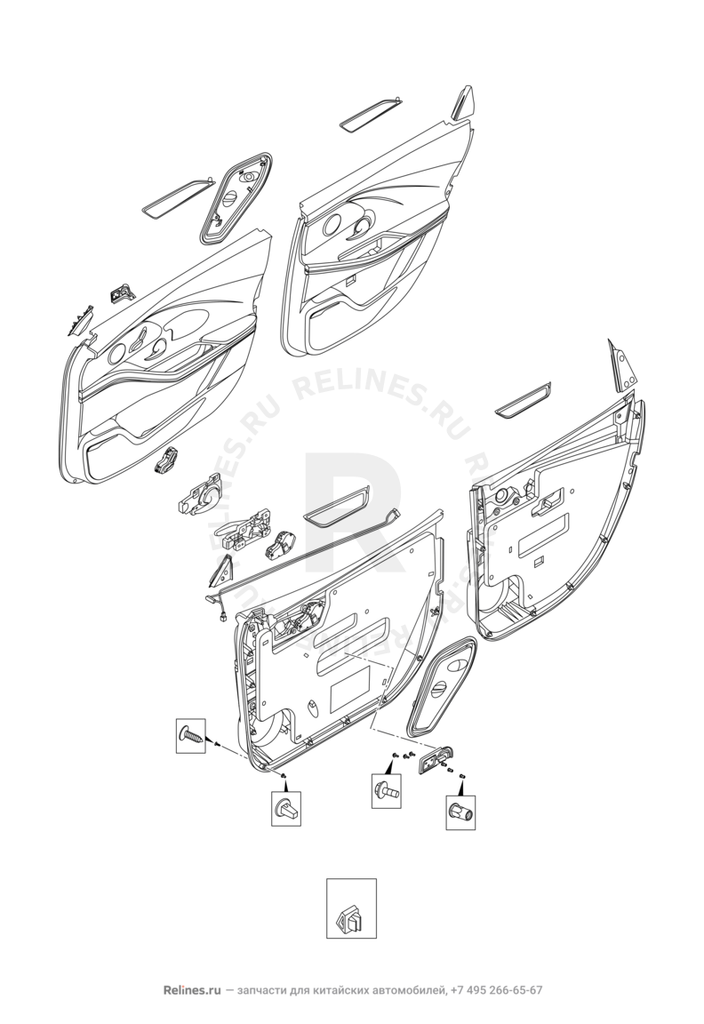 Запчасти Chery Arrizo 8 Поколение I (2022)  — Обшивка дверей, ручки и накладки ручек (2) — схема